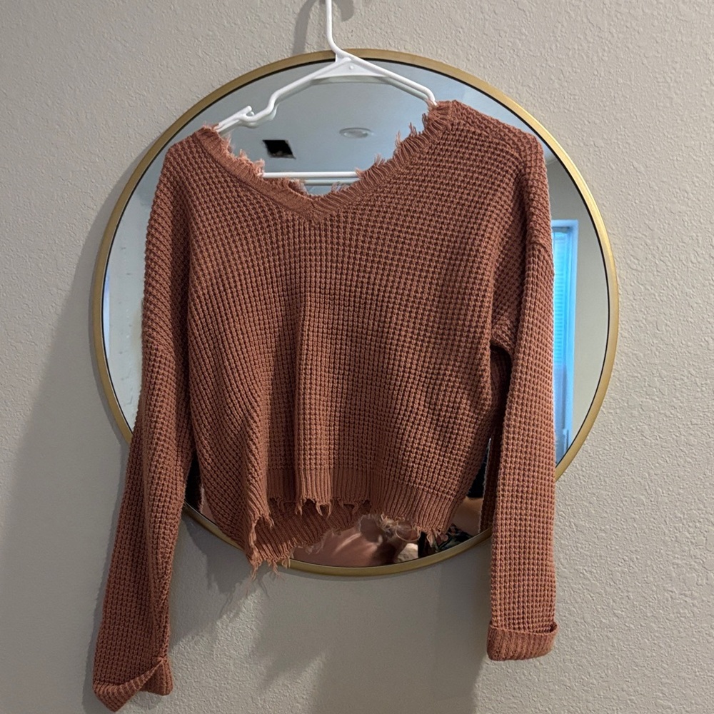 Rust Waffle Knit V-Neck Sweater